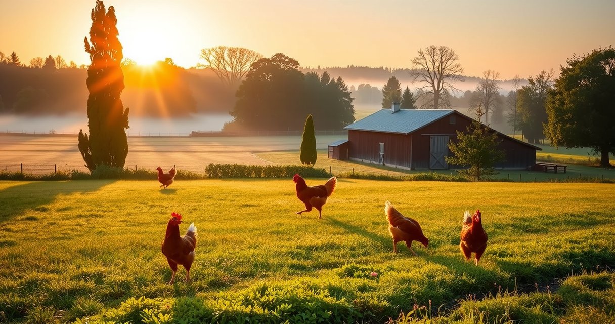 Panoramic view of playmuje ethical chicken farm at sunrise in Schwäbisch Hall, Germany