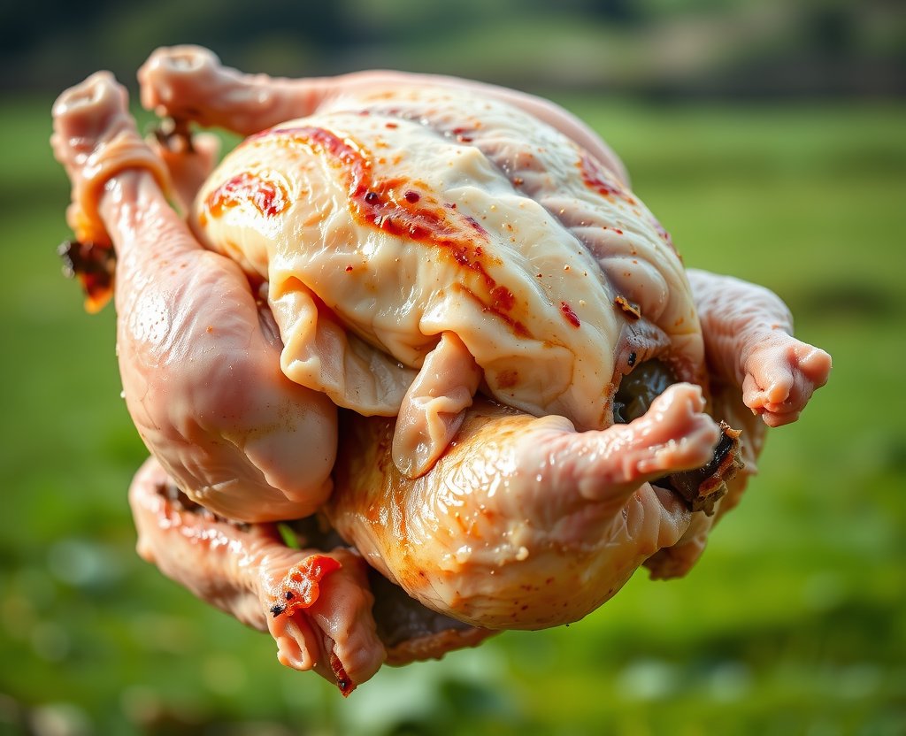 Detailed view of pasture-raised whole chicken emphasizing quality from ethical chicken farm Germany